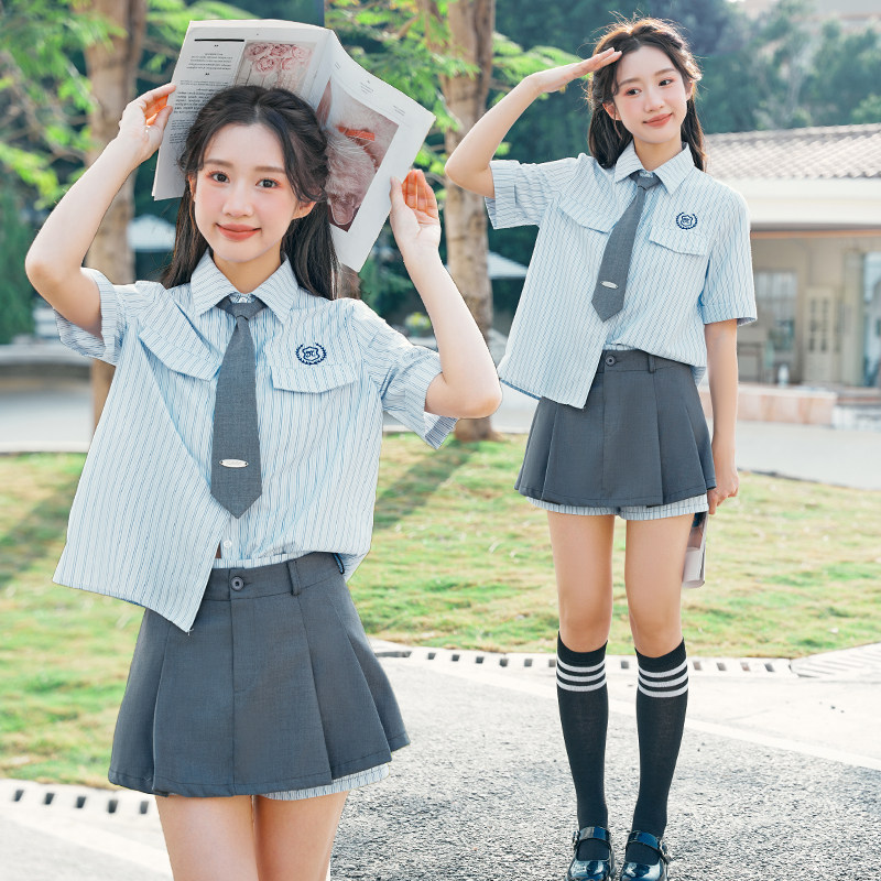 条纹短袖衬衫女2024新款上衣夏季学院风气质高端jk制服高中生校服