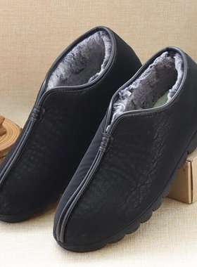 冬季男士加厚复古老头棉鞋老北京布鞋黑色软底加绒保暖老人爸爸鞋