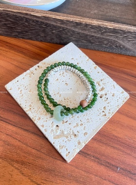 多加手作【立夏】天然和田碧玉双圈手链星月菩提老山檀文艺新中式