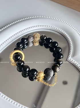 多加手作原创一路向阳天然黑曜石水晶手链转运暗黑中性风陨石男女