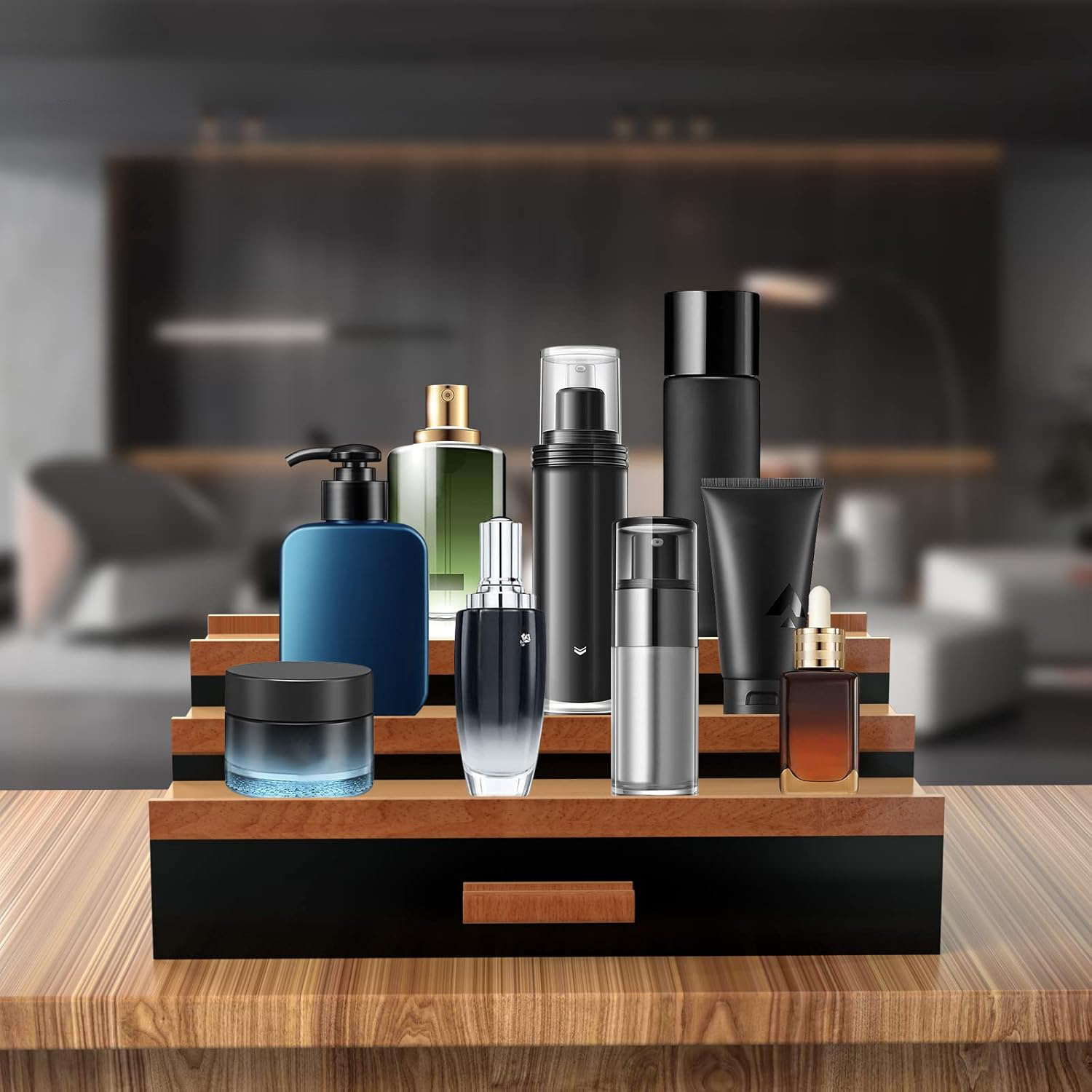 工厂直销木质带抽屉隐藏式香水展示架阶梯式柜台化妆品收纳架现货