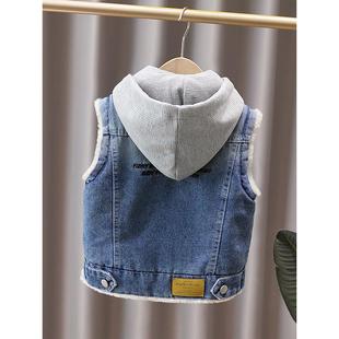 男孩的牛仔背心羊毛衬里秋冬服装儿童的春天背心纯棉连帽背心婴儿