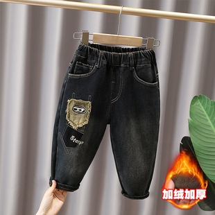 男童加绒牛仔裤冬季2025新款儿童一体绒长裤男孩加厚裤子贴布痞帅