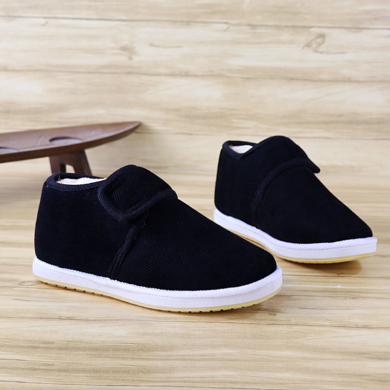 冬季加绒牛筋底魔术贴黑色棉鞋