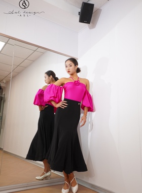 ASL摩登舞服练功练习训练服挂脖吊带玫色上衣胸垫连体半身裙黑色