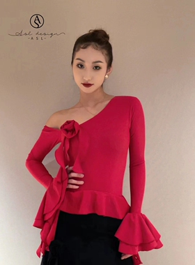 ASL国标摩登舞服上衣红色斜肩喇叭袖玫瑰练功练习训练服胸垫连体