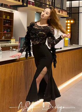 ASL摩登蕾丝喇叭长袖黑色上衣开叉鱼骨半身裙练功练习训练舞服黑