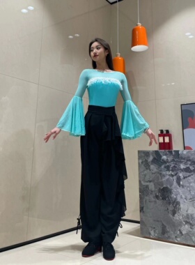 ASL国标摩登舞服上衣蓝色网纱喇叭袖花边练功练习训练服胸垫连体