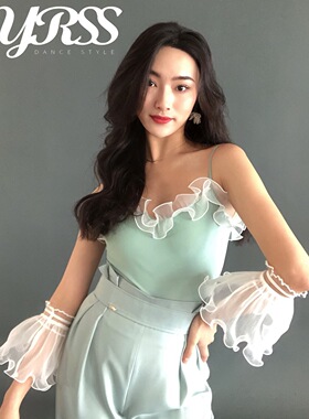 yrss春夏摩登吊带蕾丝上衣练习服国标练功练习训练舞服浅绿色