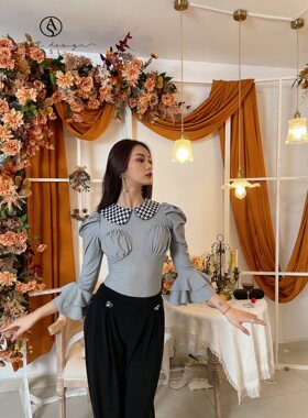 ASL摩登舞服千鸟格喇叭长袖上衣练功练习训练服带连体裤胸垫灰色