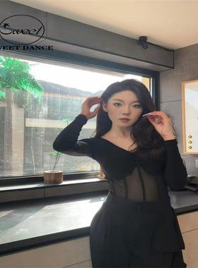 Sweet Dance摩登新品黑色小V领长袖网纱上衣训练练习练功服国标