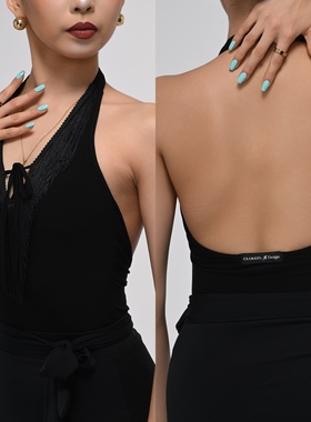 Clouds.X拉丁舞服流苏系绳挂脖黑色上衣不规则半身裙练习练功训练