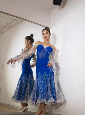 ASL国标摩登舞服练功练习表演比赛服连衣裙蓝色蕾线吊带艺考服
