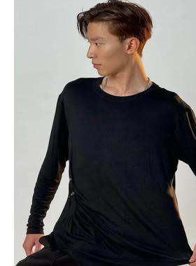 Clouds.X拉丁舞服男士上衣丝光棉不规则褶皱黑色白色训练功服长袖