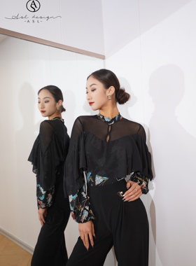 ASL摩登舞服黑色幻影雪纺泡泡长袖上衣练功练习训练连体裤胸垫