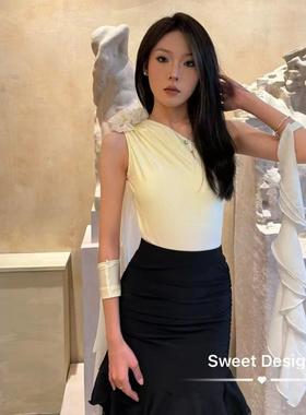 Sweet Dance摩登斜肩上衣飘袖练功练习训练服鹅黄色新款