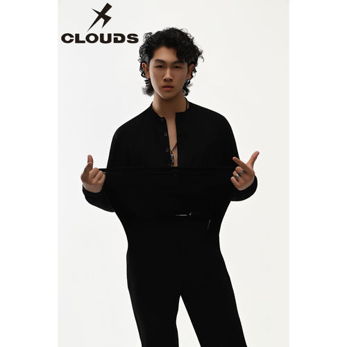 Clouds.X拉丁舞服亨利领五扣长袖衣黑色训练练功练习服