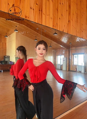 sweet dance摩登舞服双V领l喇叭蕾丝长袖上衣练功练习训练服红色
