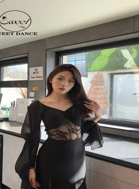 Sweet Dance摩登新品黑色灯笼飘带长袖上衣蕾丝开叉包臀半身长裙