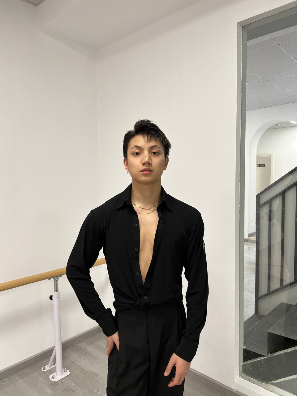拉丁舞服6K衬衣长袖练习服黑色