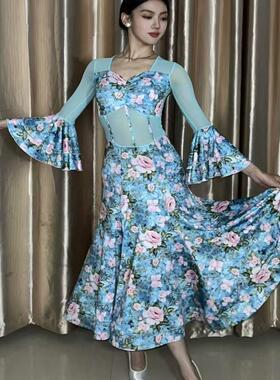 ASL国标摩登舞服练功练习表演比赛连衣裙长袖高弹蓝色黄色花纹