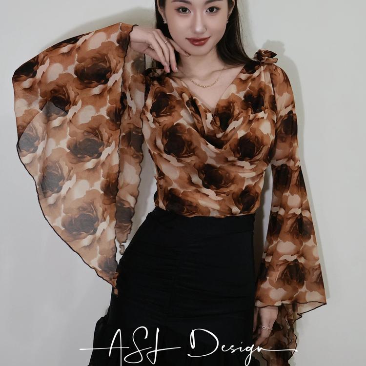 ASL摩登舞服喇叭长袖上衣连体练功练习训练服胸垫弹力独家花纹