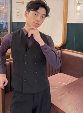 ASL国标摩登舞服V领坎肩双排扣马甲比赛练习服规定服高品男士黑色