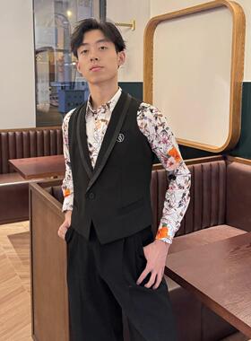 ASL国标摩登舞服有领子一颗扣马甲比赛练习服规定服高品男士黑色