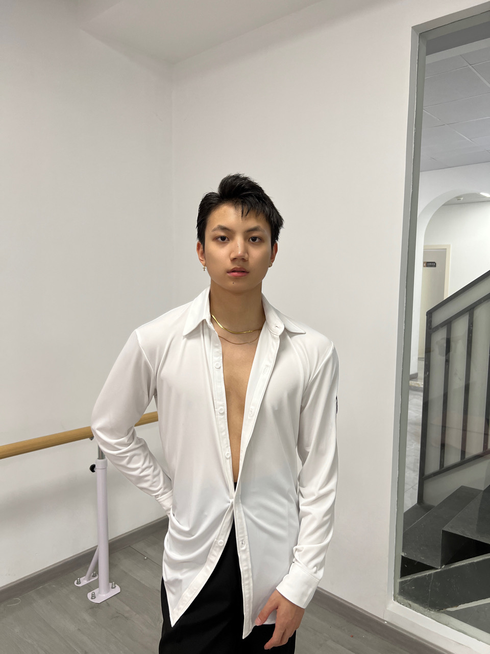 拉丁舞服6K衬衣长袖白色练习服