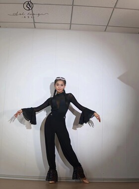 ASL国标摩登舞服上衣长袖黑色练功练习训练服带底裤胸垫成人秋冬