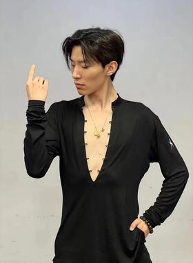 Clouds.X拉丁舞服世界冠军Salvo同款大V上衣黑白色训练练功服长袖