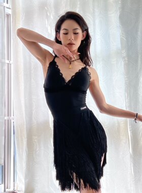 crystal舞服拉丁练习练功服连体黑色上衣吊带双层密流苏半身短裙
