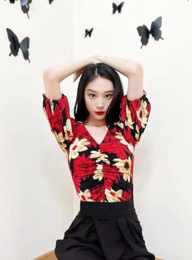 ASL国标摩登舞服上衣中袖V领大花红色练功练习训练服胸垫连体