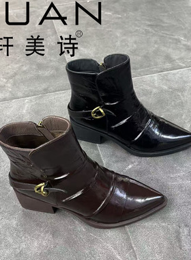 552-20165轩美诗及踝靴时装短靴黑色2025新款高跟亮皮时尚百搭