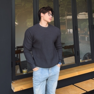 BST 秋冬内搭保暖修身套头衫圆领纯色卫衣细条纹长袖简约上衣男