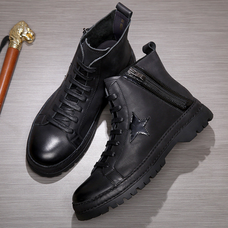 春秋新款真皮软底马丁靴男复古透气短靴工装靴男士机车高帮皮靴子