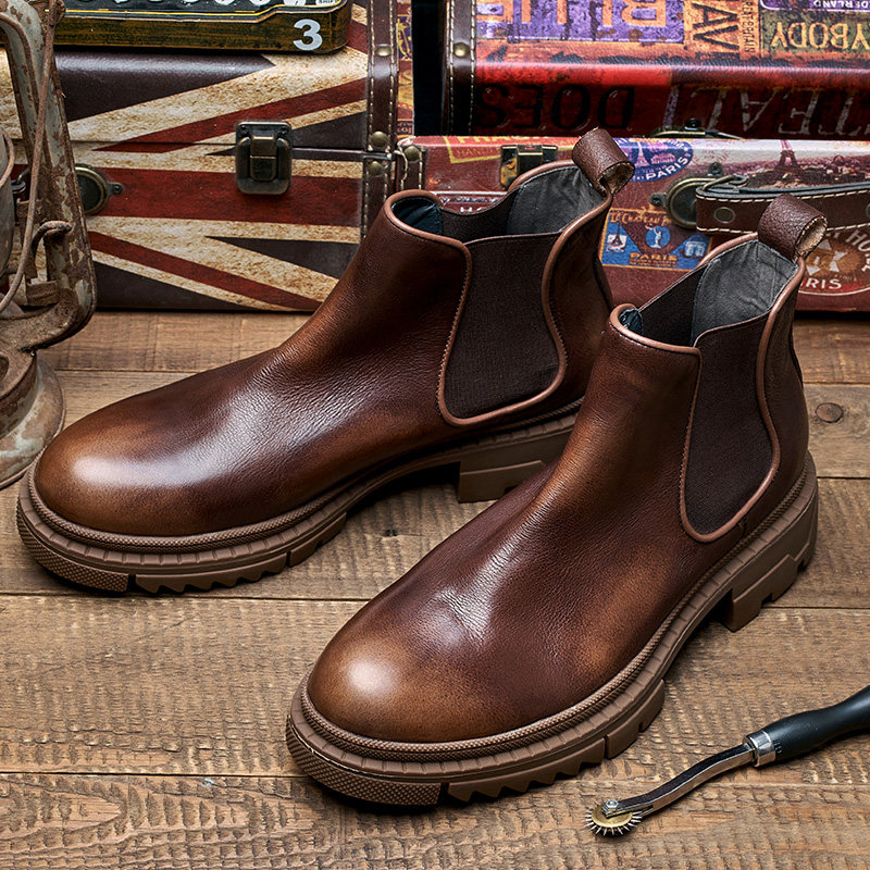 BRITISH STYLE CHELSEA BOOTS MENS SHORT BOOTS THICK-SOLED LEATHER COWHIDE MENS BOOTS SLIP-ON COWBOY BOOTS MARTIN BOOTS TRENDY