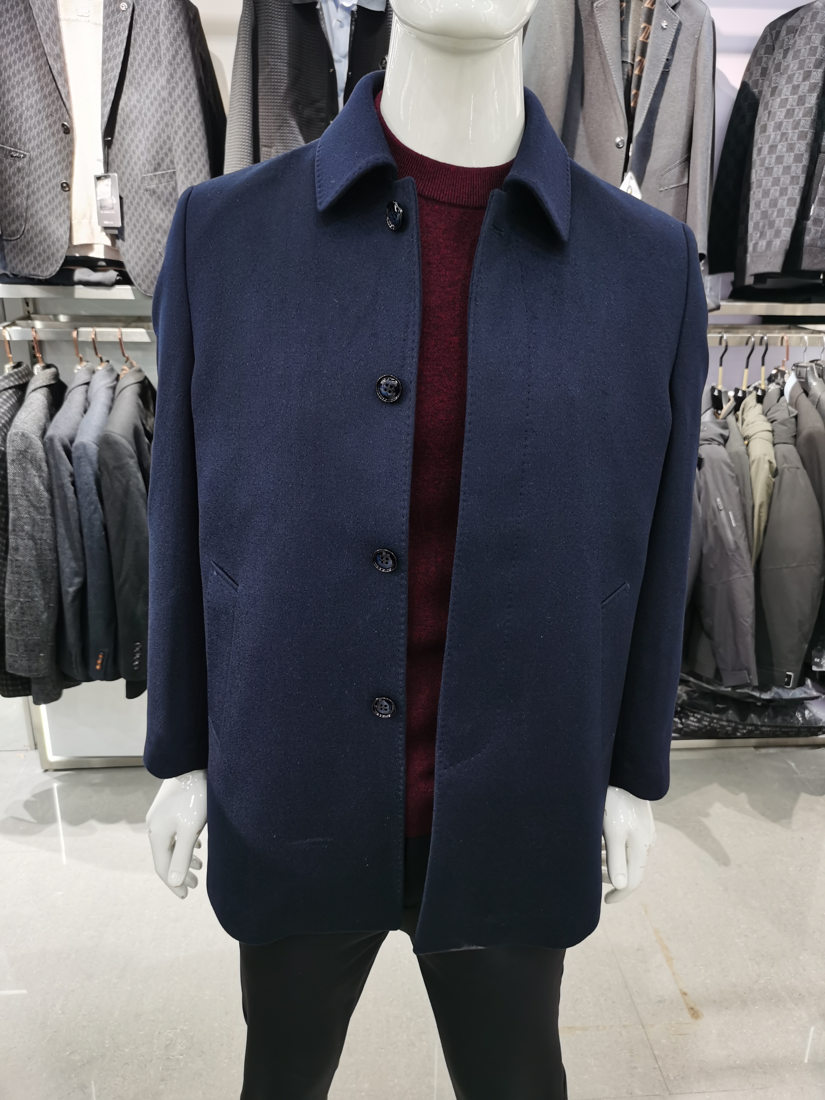 高端品牌翻领大衣冬季中长款羊绒可拆鹅绒内胆商务外套爸爸装外套