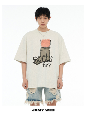 清仓促销JAMY WEE原创 宽松廓形美式复古印花浅灰色棉质短袖T恤