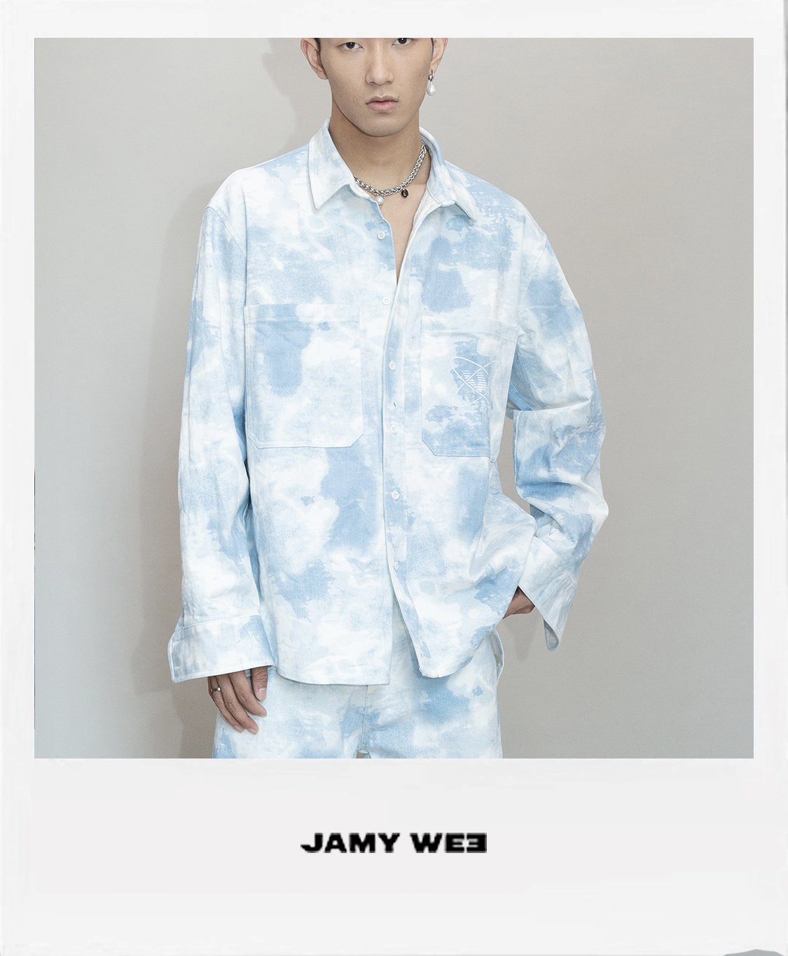 情侣宽松蓝白印花休闲牛仔衬衫