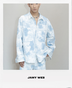 清仓特价  JAMY WEE情侣款宽松蓝白扎染印花休闲廓形牛仔衬衫
