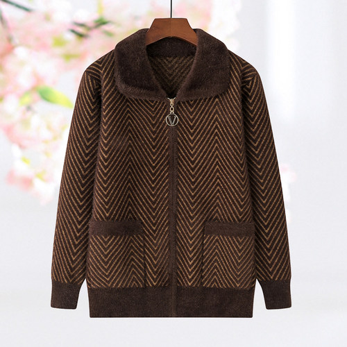 中老年女装冬季仿貂毛拉链外套