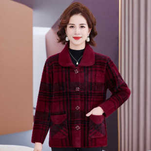 奶奶装 外套2025新款 宽松格子上衣 秋冬仿貂毛格子开衫 中老年妈妈装