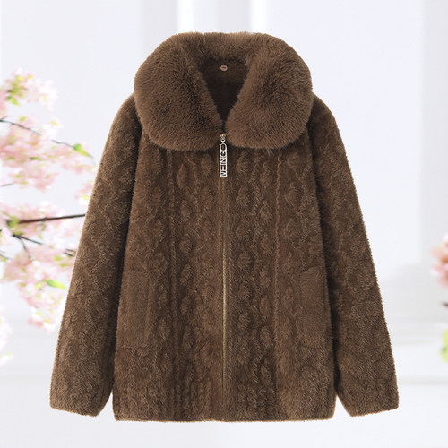 妈妈装加厚仿貂毛拉链外套