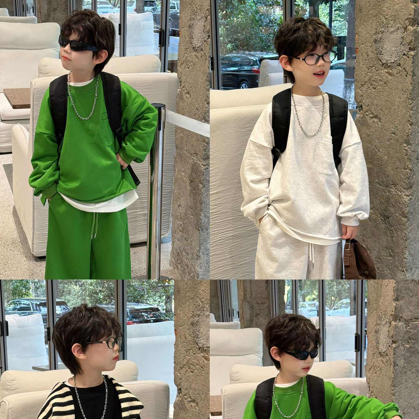 泰如2025秋季新款韩版男童纯色运动卫衣两件套简约透气高级套装