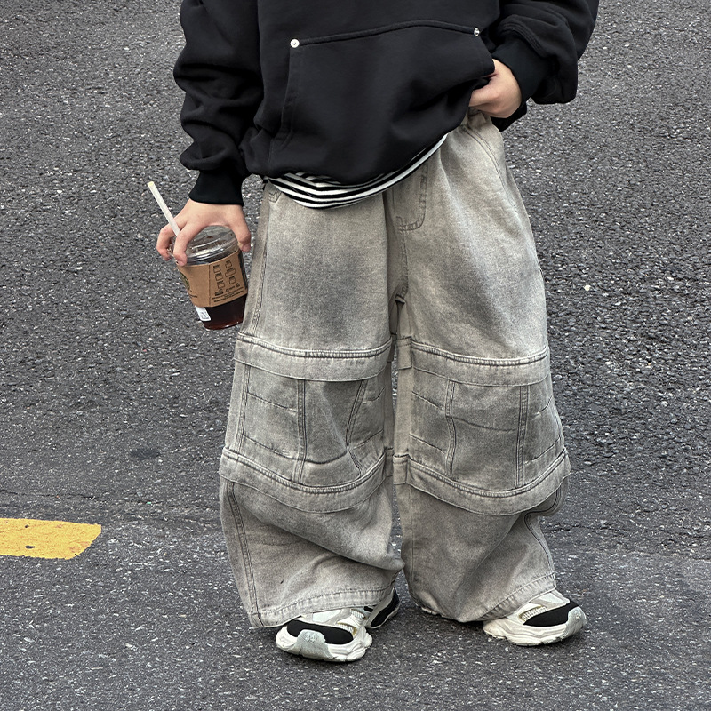 男童牛仔裤工装裤童装24年秋季儿童废土风脏染中大童休闲长裤帅气