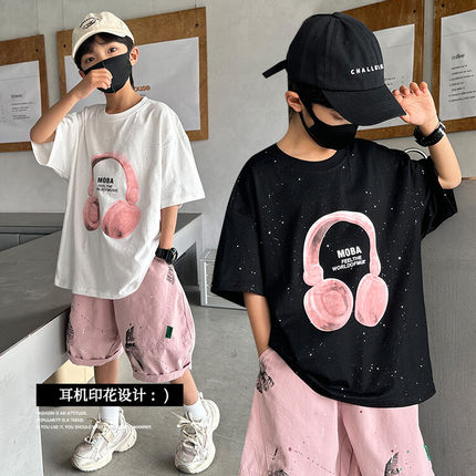 男大童短袖T恤夏装耳机棉宽松上衣中大童炸街潮t儿童透气半袖体恤