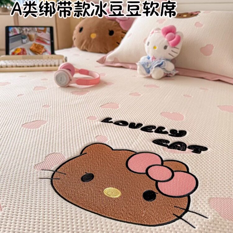 粉色小猫冰豆豆凉席三件套夏天单人冰丝席夏凉垫可机洗空调软席子