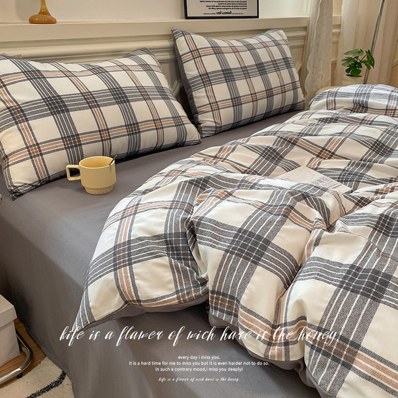 无印风床上用品四件套2025新款简约条纹被套卧室宿舍床单人三件套