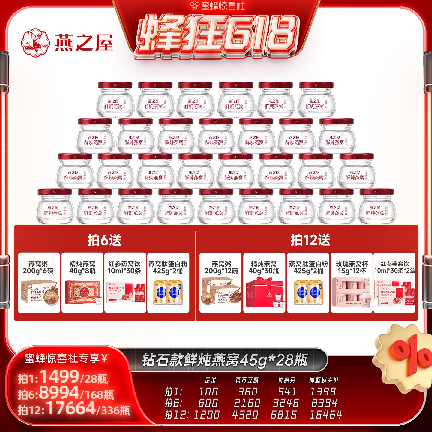 【蜂狂618】燕之屋新一代鲜炖燕窝45g*28瓶月套餐孕妇zb